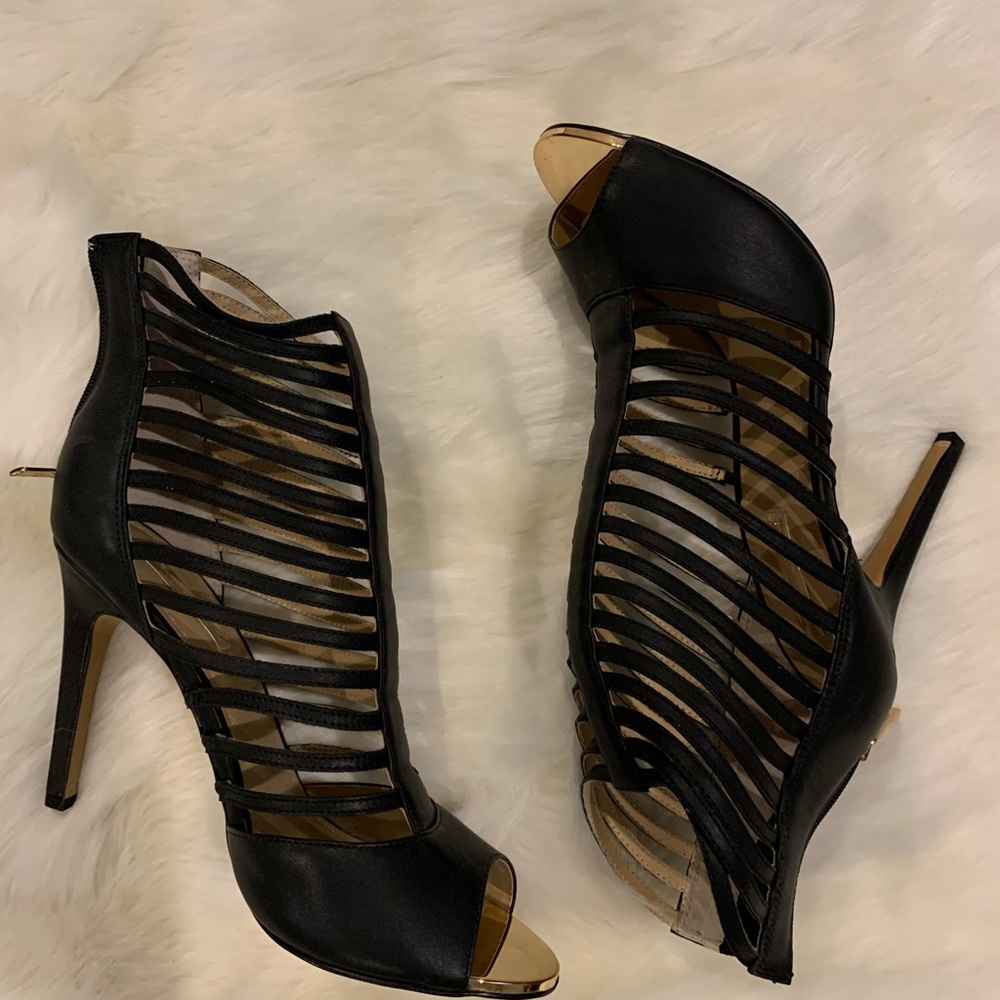 Never-Worn Black Leather Strappy 4-inch Heel Sandals.